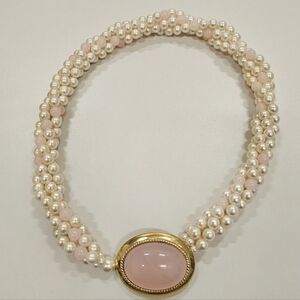 Vintage Signed Trifari Pink Rose Quartz Lucite Cabochon & Faux Pearl Necklace
